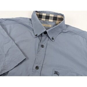 Burberry Brit Mens Large Short Sleeve LG Button Down Shirt Blue Embroidered